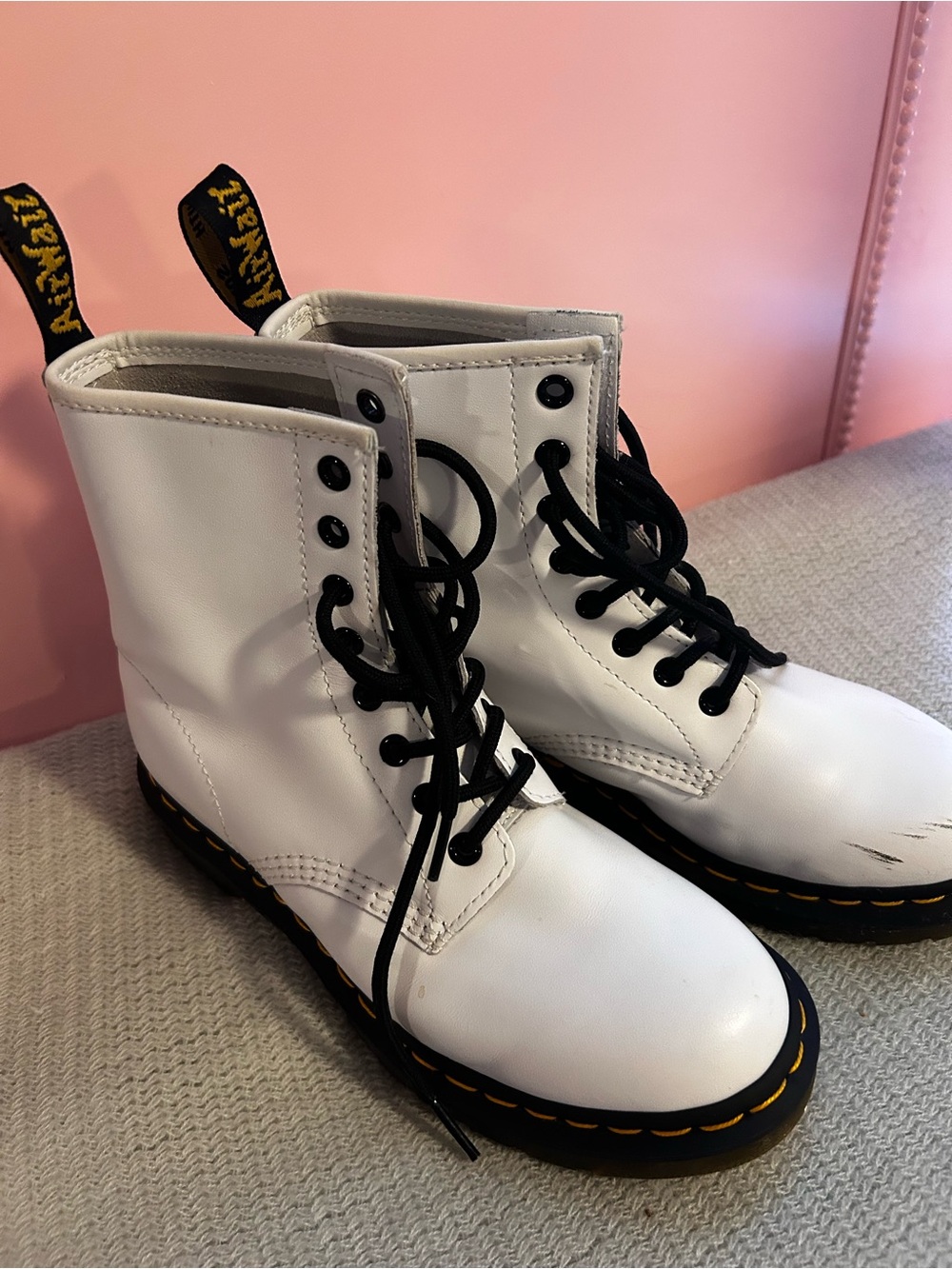 Dr. Martens White Leather 8-Eye Lace-Up Boots with Black Laces